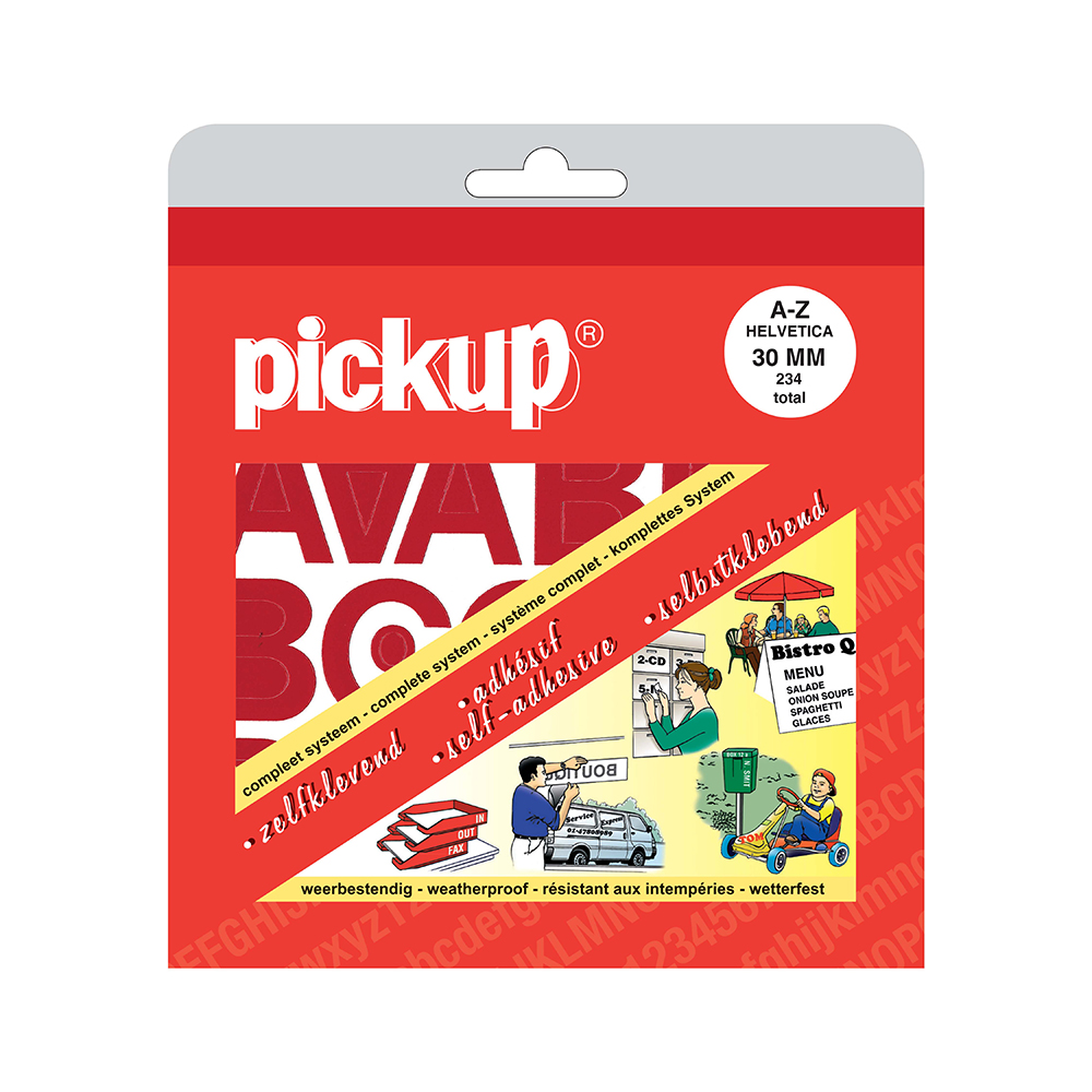 Pickup plakletters boekje Helvetica rood - 30 mm - 20% prijskorting - inhoud compleet en goed -  verpakking licht beschadigd - beperkte hoeveelheid 1 stuks