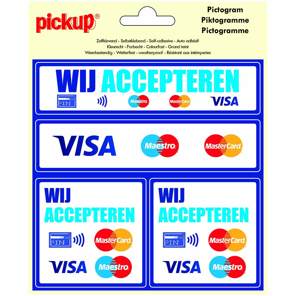 Pickup Pictogram 15x15 cm 4 op 1 - Wij accepteren PIN Maestro Mastercard Visa