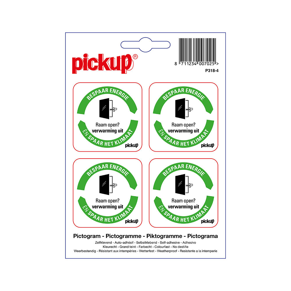 Pickup sticker Bespaar Energie spaar het klimaat: Raam open,  Verwarming uit - 5x5 cm 4 stuks