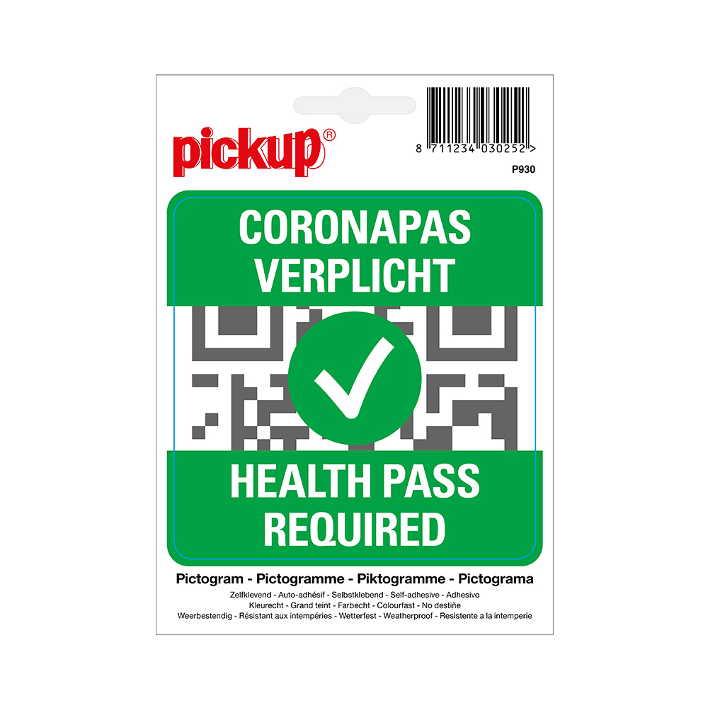 Pickup Pictogram sticker coronapas verplicht 10x10 cm
