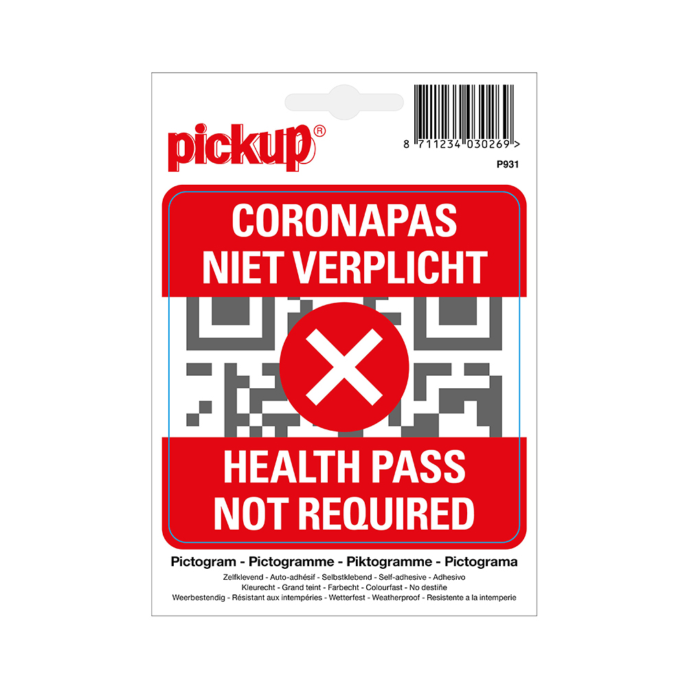 Pickup Pictogram sticker coronapas niet verplicht 10x10 cm