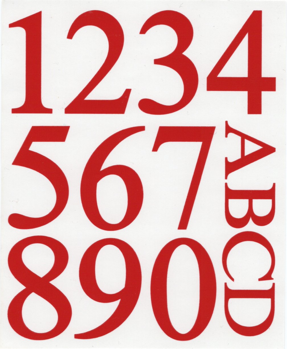 Pickup Brievenbusnummers huisnummers. Glanzend rood vinyl. 0 t/m 9 A t/m D. Cijfers 45 mm. Letters 22 mm